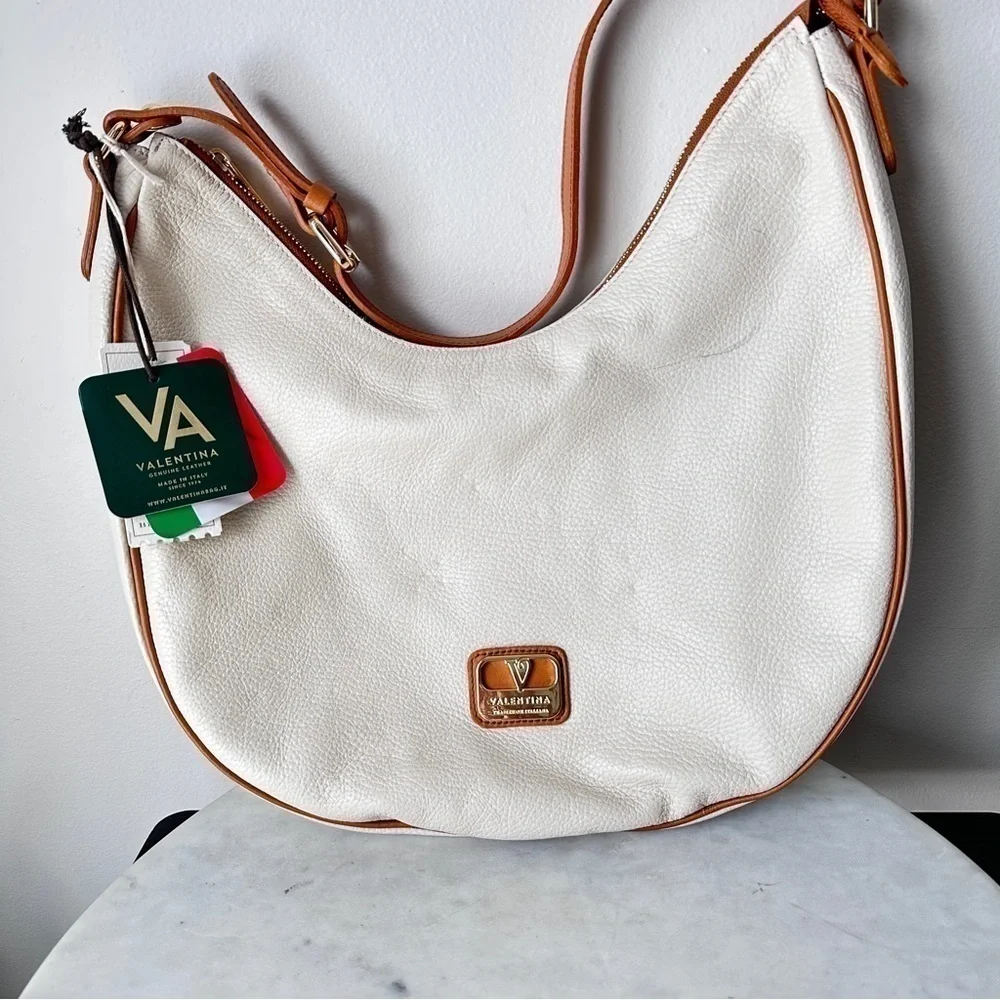 New! VALENTINA White Italian Genuine Leather Large Hobo Purse